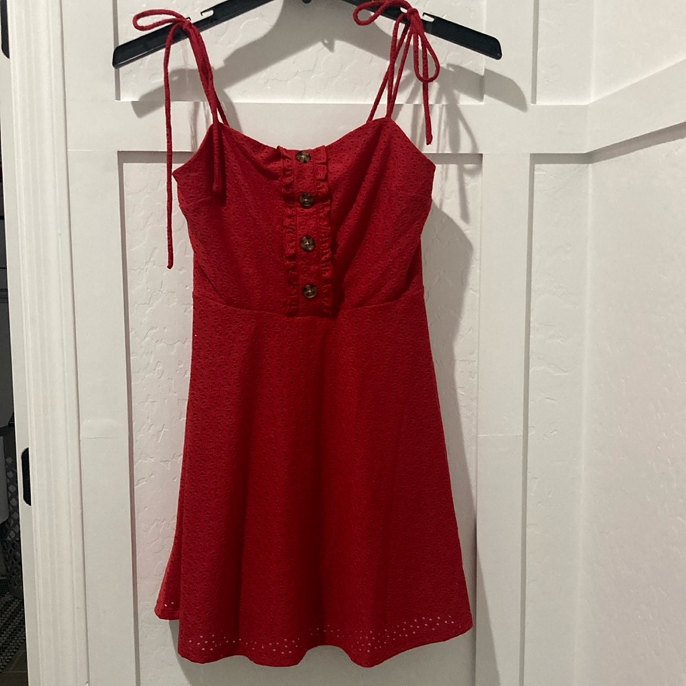 Red summer eyelet tie dress